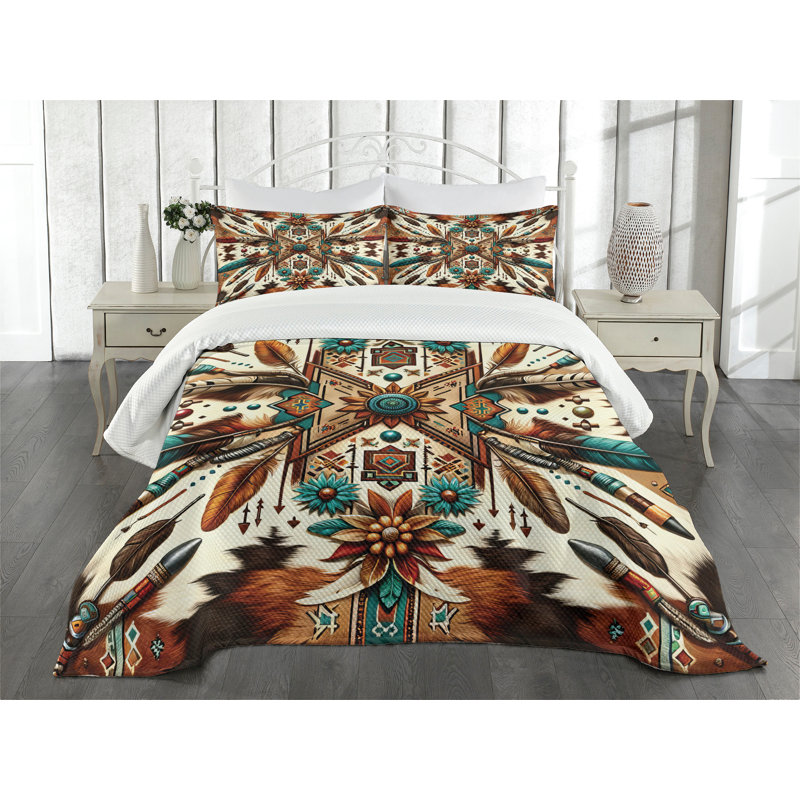 King Size Blue and Brown Aztec Inspired Bedspread Set