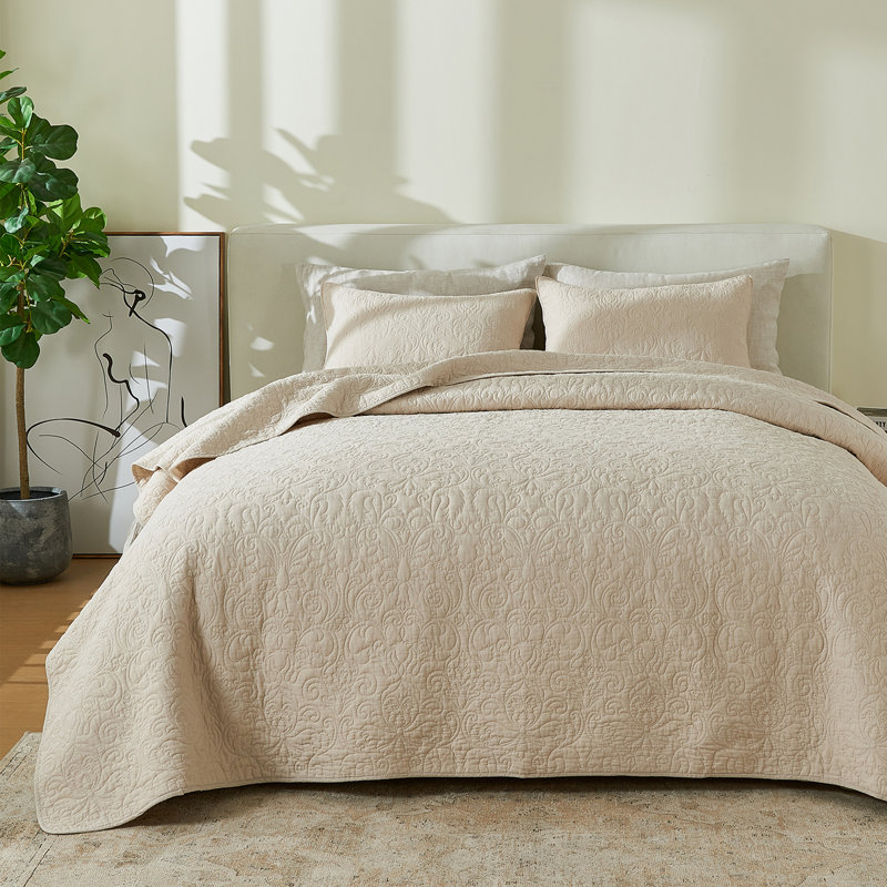 100% Cotton Quilt Set with Boho Stitched Detail, Full / Queen Quilt + 2 Standard Shams, Natural - Heirloom