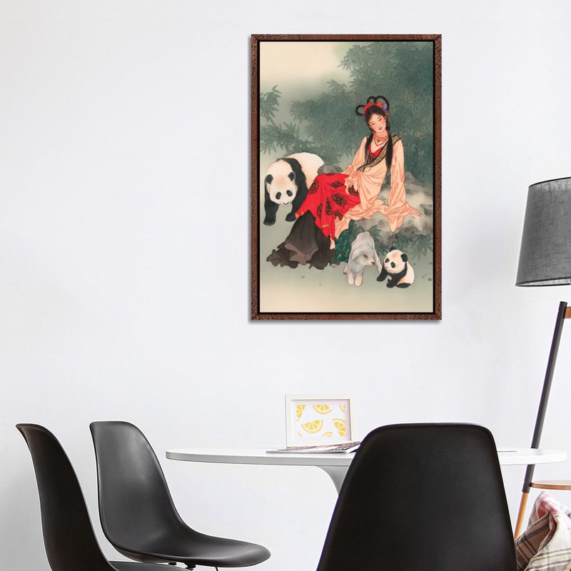 Pandas Of Wolong - Painting on Canvas, 101.6 cm H x 66.04 cm W, Classic Brown Wood Framed