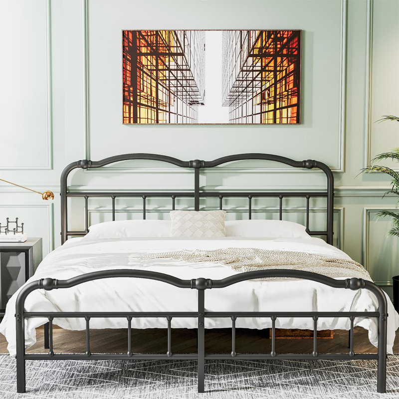 Oley Double Wave Headboard and Footboard Heavy Duty Anti-sway 18in High Steel Tube Iron Bed with Storage, Queen