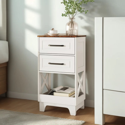 Modern Nightstand Set Of 2 With 2 Drawers And Open Shelf, Tall Bedside Table With Solid Wooden Feet, Rustic End Table For Bedroom And Living Room Stor