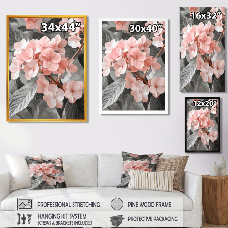 Doux hortensia rose en niveaux de gris III - hortensia, art mural, H 60 po x l 28 po, Brun