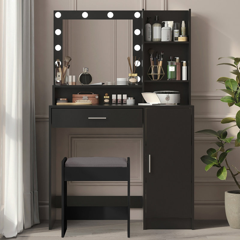 Vanity Desk With Mirror & Light, Large Drawer Three Level Storage Dresser, 3 Lighting Modes Adjustable Brightness, Bedroom Dressing Table(Black)