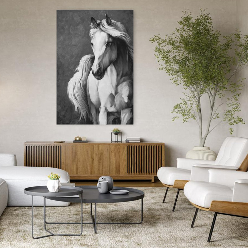 Art blanc contemporain, cheval blanc, H 48 po x l 32 po