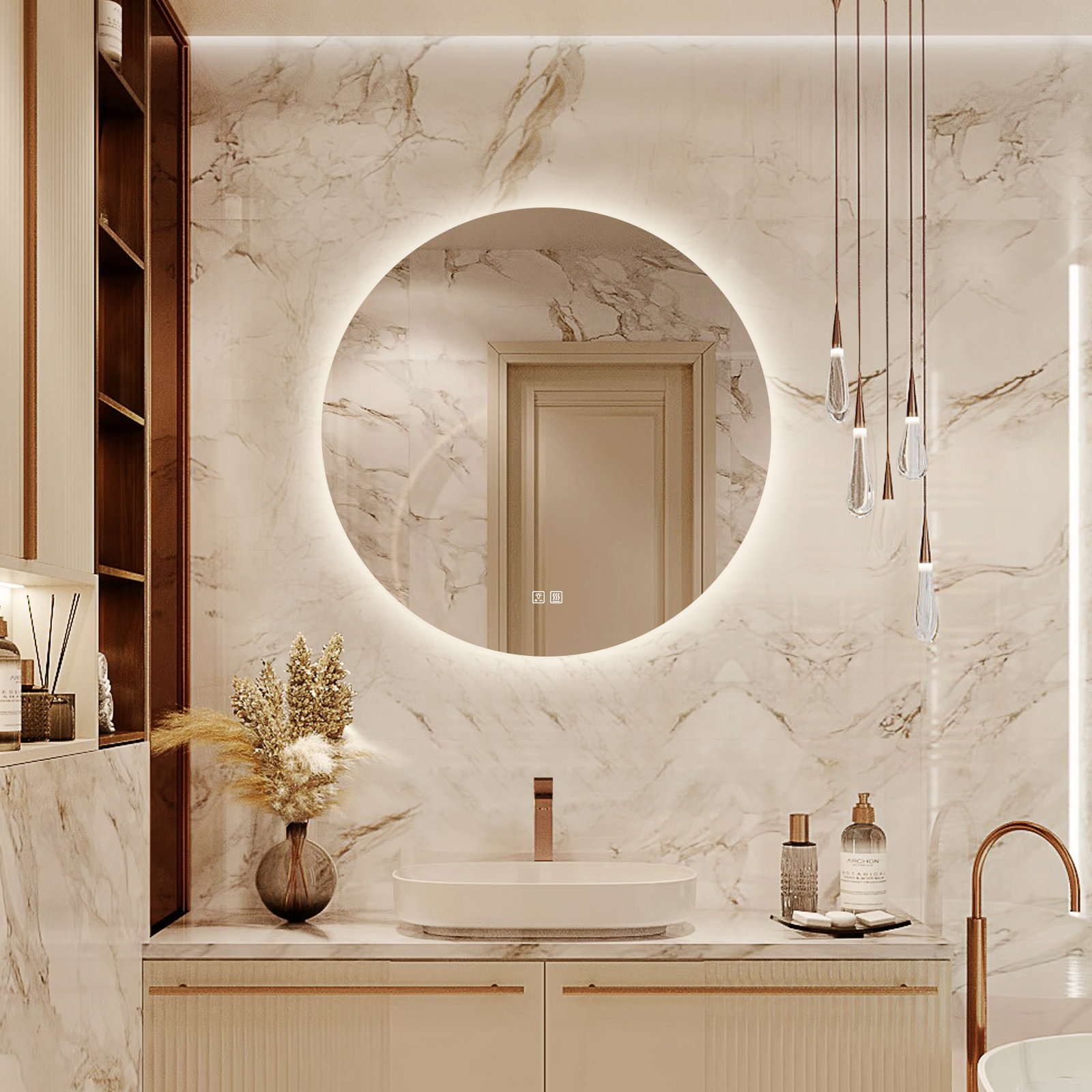 YIDABATH 24x24 Inch Round LED Bathroom Mirror With Lights - Anti-Fog, Dimmable, 3 Color Temperatures, Wall Mounted