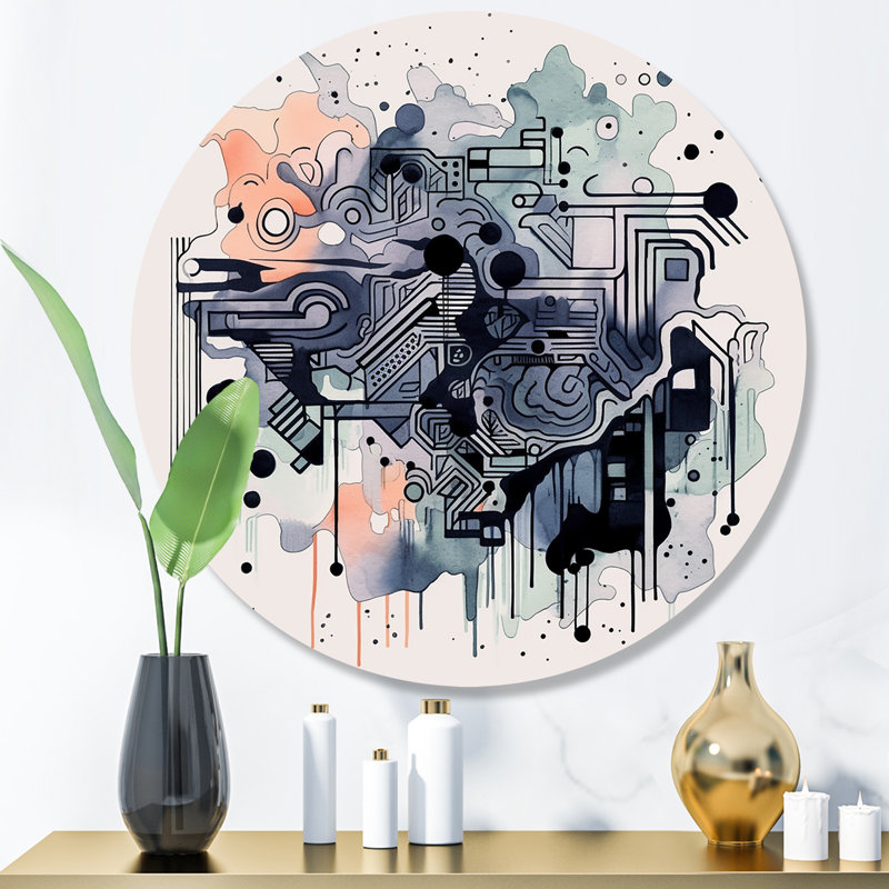 «Blue and Orange Vibrant Paradoxes II», art mural rond abstrait sur métal, H 16 po x l 16 po x P 1 po