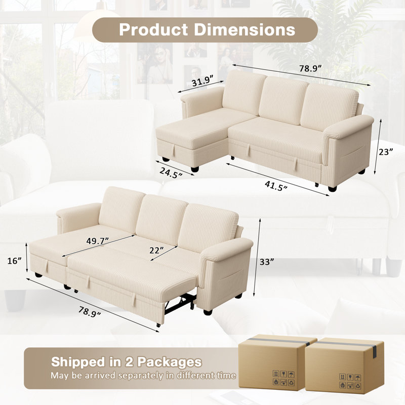 79''  L Shaped Upholstered Sleeper Sofa with 2 side storage bags, Beige Corduroy