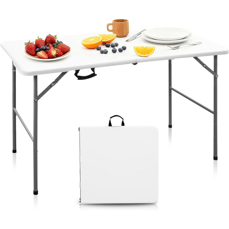 Table pliante portative en plastique pour l'intérieur et l'extérieur avec poignée de transport, 4 pieds, blanc