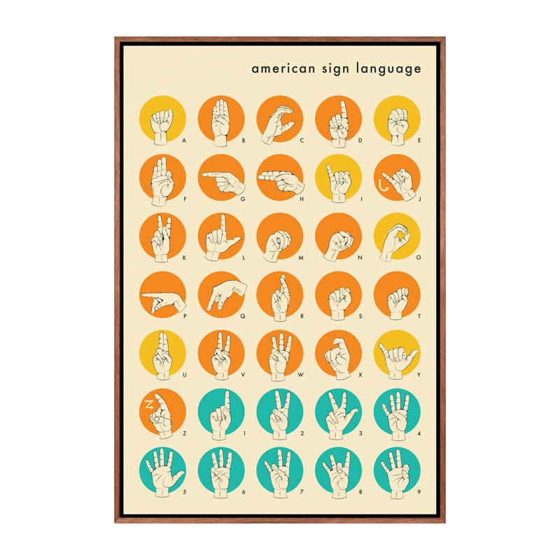 Décoration murale alphabet pour enfants en langue des signes, H 26 po x l 18 po x 1,5 po, Toile classique avec cadre brun