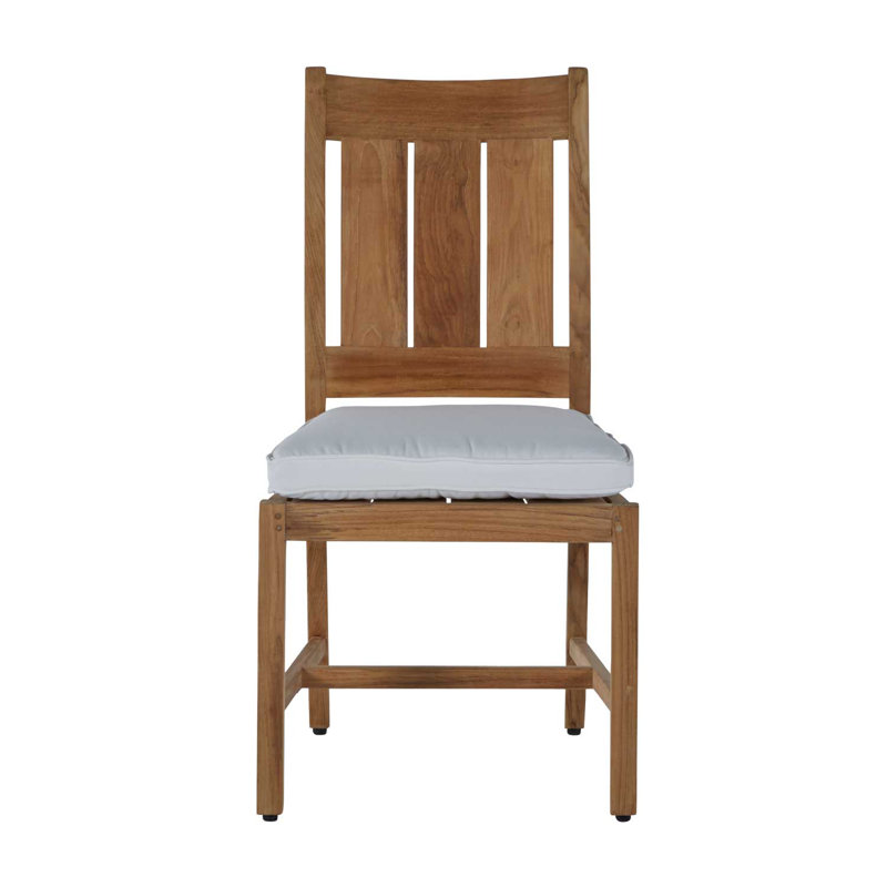 Croquet Patio Dining Side Chair with Cushions, Natural Teak, Rollo Chambray, Welt