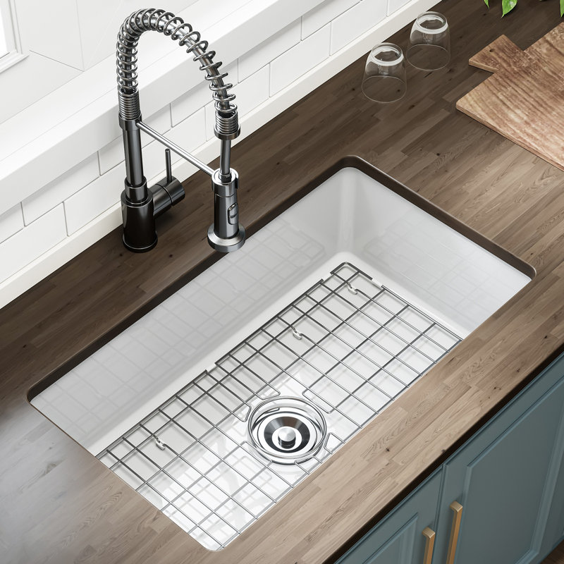 Évier de cuisine encastré en argile réfractaire à cuve simple avec grille inférieure et crépine CozyStream 32 po
