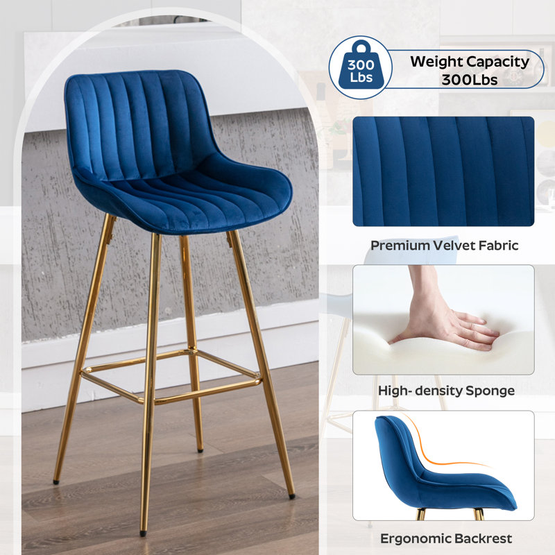 Set of Bar Stools, Velvet Fabric Counter Stool, Blue, 2, Bar Stool (29.92" Seat Height)
