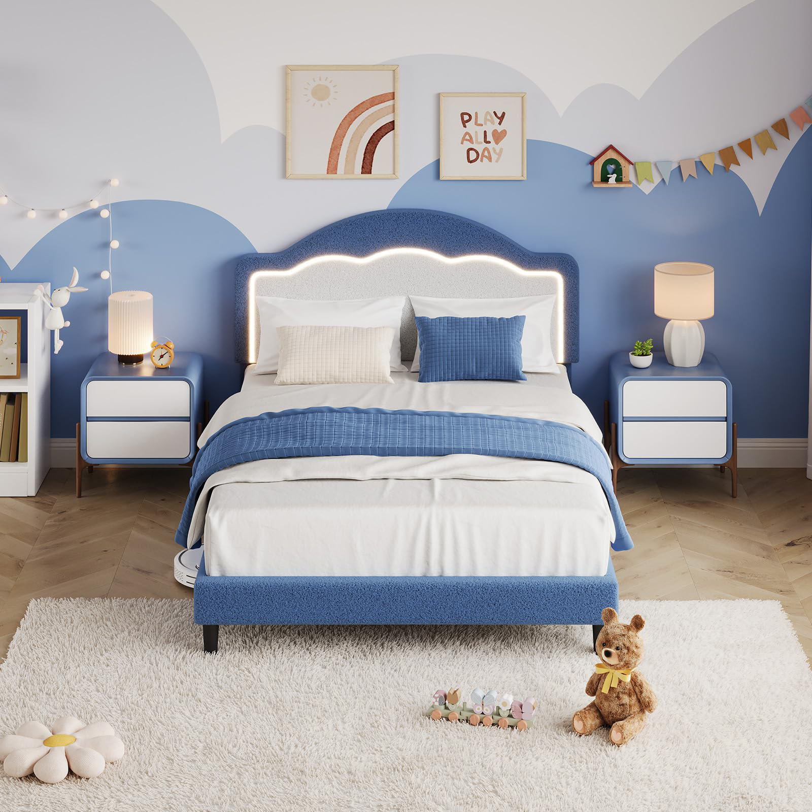 Ebern Designs Twin Size Bed Frame with LED Headboard for Kids, Sherpa ...
