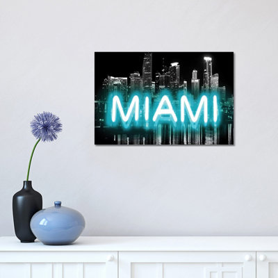 Neon Miami Aqua On Black by Hailey Carr - Wrapped Canvas Print