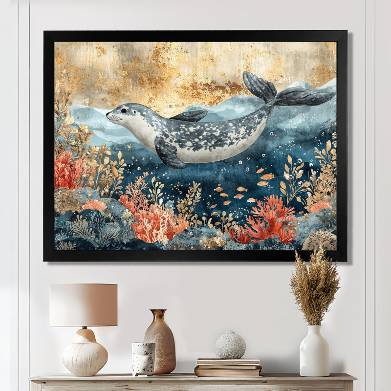 Aquarium With Seals Above The Coral I - Seal Large Wall Art, Single Picture Framed Print, Black, 12" H x 20" W