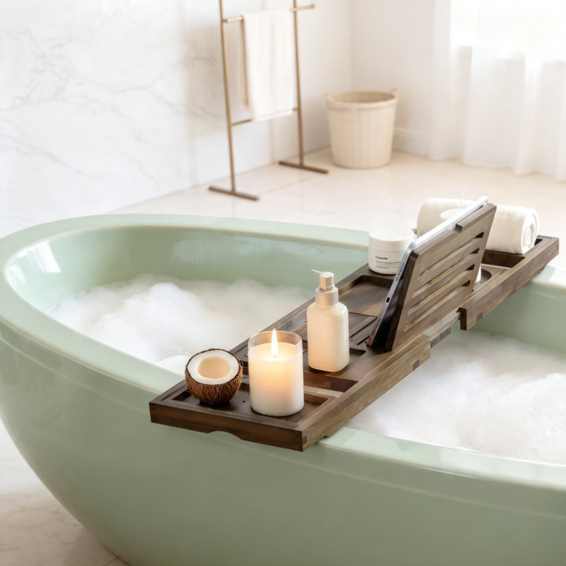 Plateau de baignoire en teck extensible et pliable avec support pour tablette à vin, fini noyer foncé