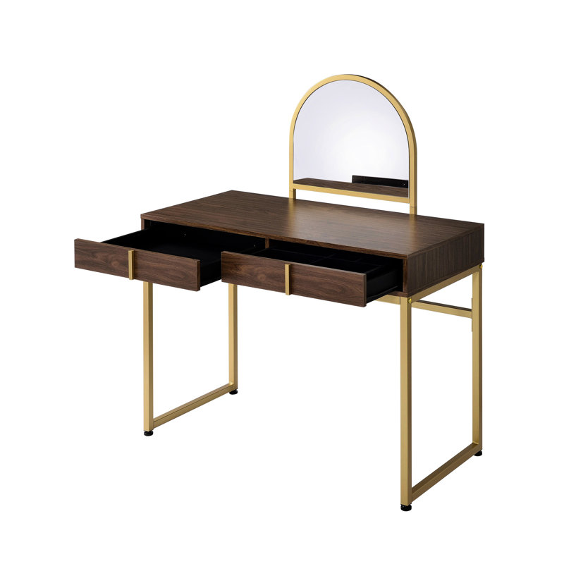 Bureau de meuble-lavabo rectangulaire en noyer et doré avec structure en métal, plateau à bijoux avec miroir inclus, 2 tiroirs de rangement en panneau de particules, hauteur de 50 pouces et avec, inclus, tiroirs,