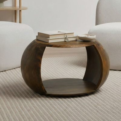 Round Solid Mango Wood Coffee Table with Storage Shelf