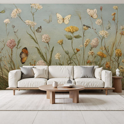 Peel and Stick Wallpaper Vintage Gold Framed Plant Bird Prints Sketch Spring Floral Wildflower Wall Murals 69"H x 96"W Removable PVC Wall Paper Self-Adhesive Wall Decor for Bedroom Living Room Home Office
