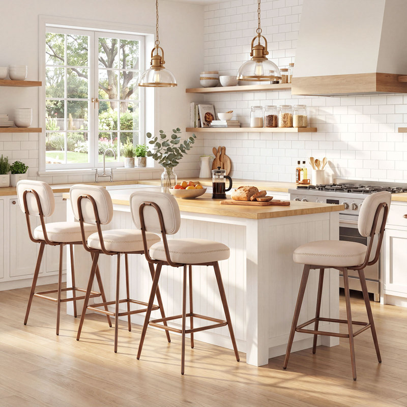 Swivel Upholstered Faux Leather Bar Stool, Beige