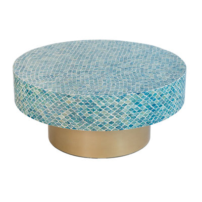 35X35x16" Unique Hyperion Capiz Inlay Drum Coffee Table With Gold Pedestal Base