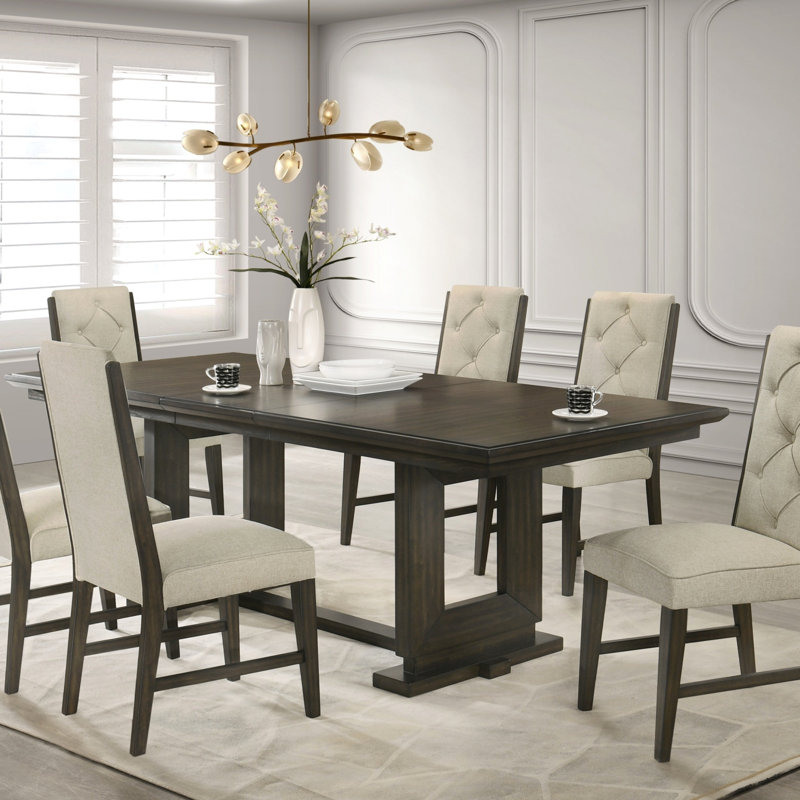 Ensemble de salle à manger extensible 7 pièces avec table rectangulaire et chaises capitonnées en tissu beige, parfait pour les espaces de salle à manger modernes et élégants., Ensemble de table de salle à manger