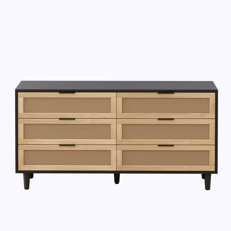 Rattan Wood Console with Drawer Storage, Noir/naturel, H 29,53 po x l 59,06 po x P 15,75 po