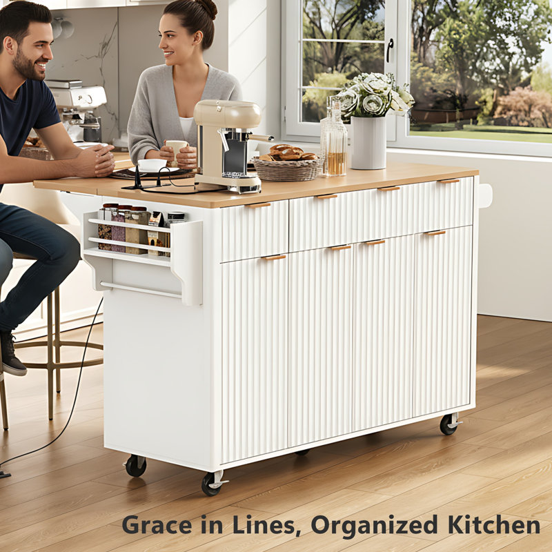 Velis 55.5" Fluted Kitchen Island With Drop Leaf, Rolling Island Table With Faux Marble Top, Power Outlet, And Spice Rack For Kitchen, Dining Room