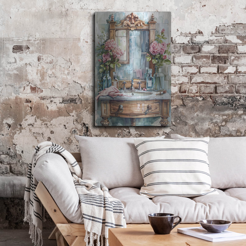 Art mural en métal Winston Porter «Wooden Sink With Mirror» par Momart, H 36 po x l 24 po