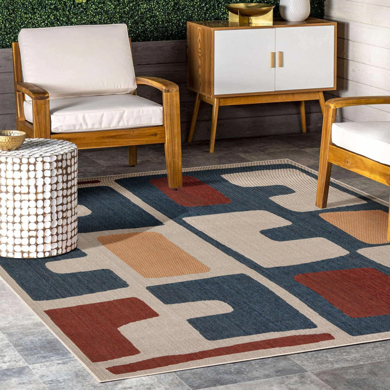 Tapis intérieur / extérieur en polypropylène tissé à la machine Dreson de couleur turquoise / beige / orange, Carré 10 pi