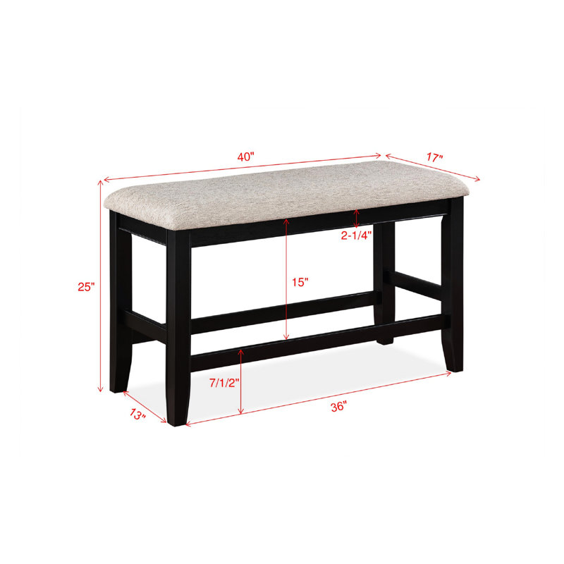Banc en bois massif à hauteur de comptoir avec assise rembourrée grise et repose-pieds rectangulaire argenté