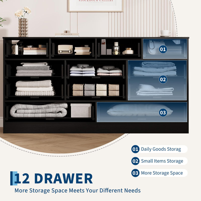 12 Drawer Wooden Dresser, Modern TV Stand for 65" TV, Storage Organizer for Bedroom or Living Room, Black