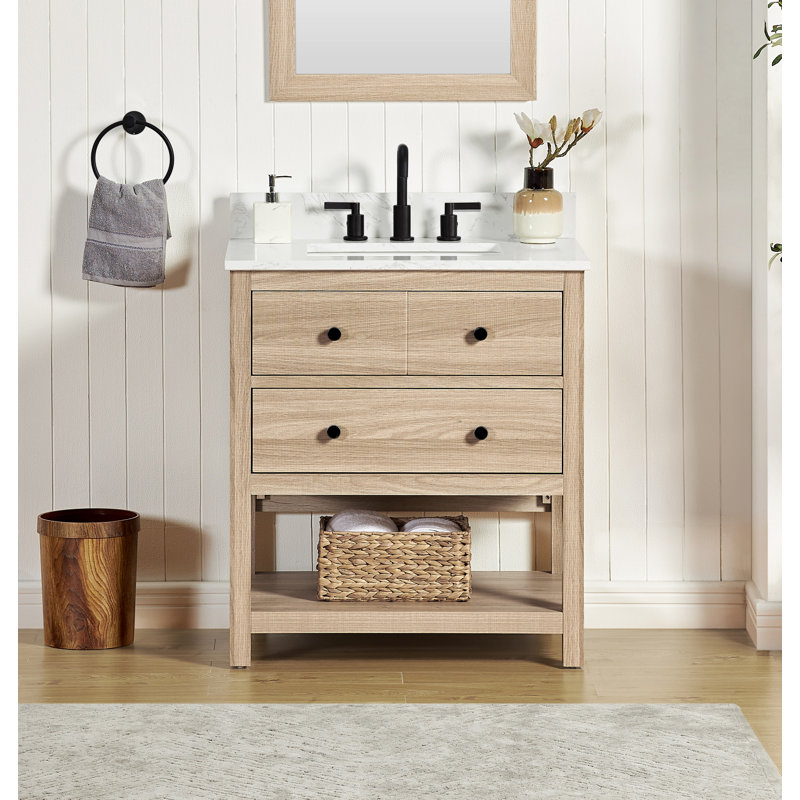 Encino 30" Single Bathroom Vanity Cabient with Carrara White Quartz Top, Sink & Backsplash, Light Oak, Pre-Assembleb, 30"