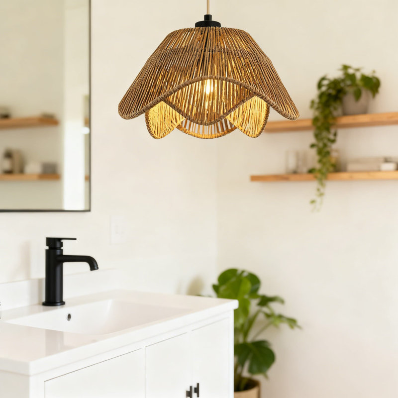 Rattan Pendant Light Fixture With Adjustable Height, Hand Woven Wicker Chandelier For Kitchen Island, Bedroom, Dining Room And Hallway, Flush Mount Boho Ceiling Lamp
