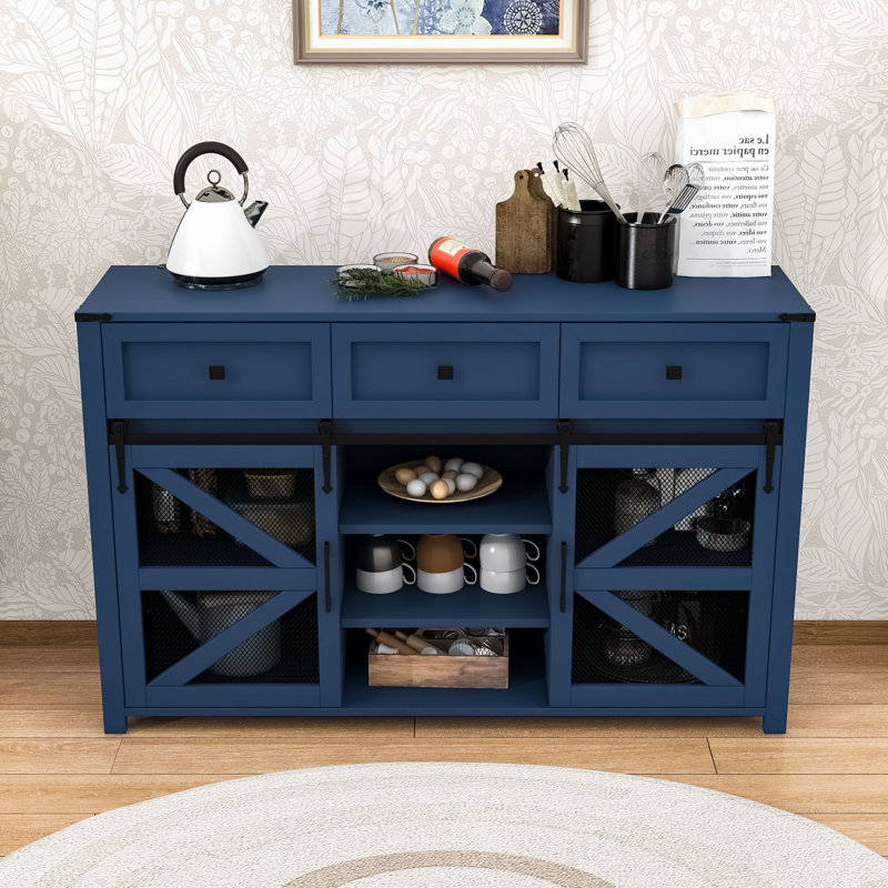 3 Drawers Sideboard Buffet Cabinet with Sliding Barn Door, Adjustable Shelves and Metal Mesh Doors, Navy