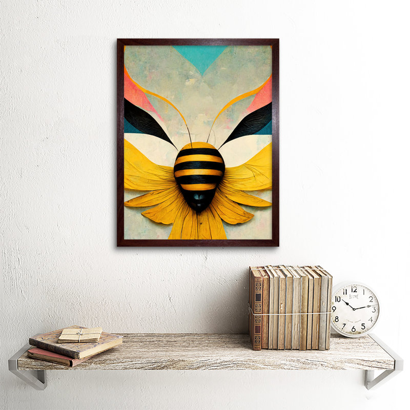 Abstract Bumble Bee Heart Contemporary - Print, 43cm H x 33cm W x 2cm D, Brown Framed Paper