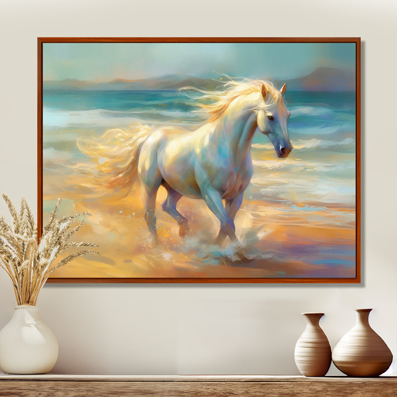 Cheval sur la plage I - art mural cheval, H 34 po x l 44 po x P 1,5 po, Cadre flottant brun