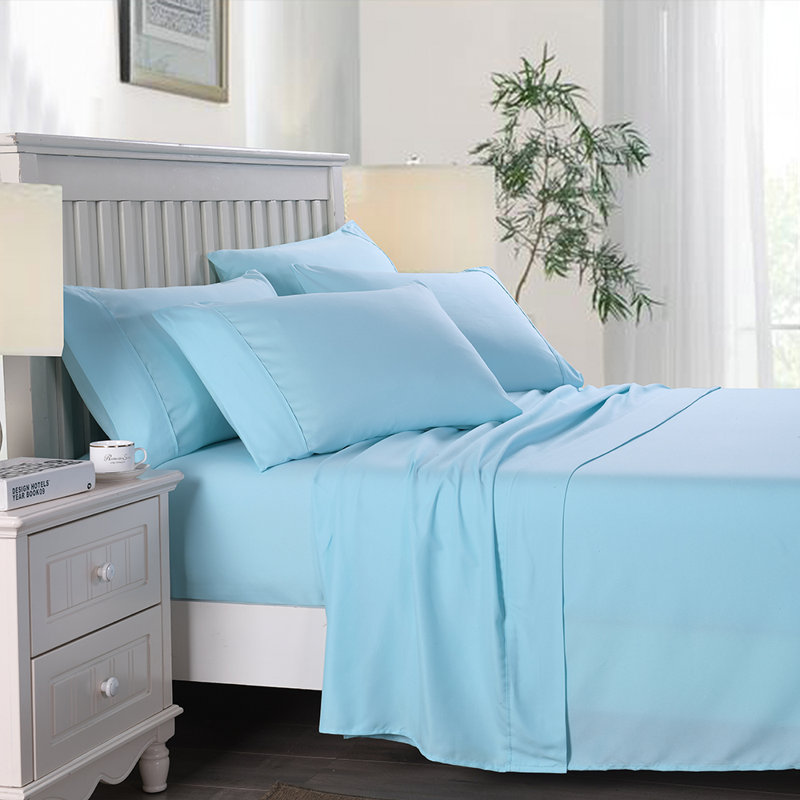Ensemble de draps 6 pièces en microfibre brossée douce, résistant à la décoloration et aux taches, Grand, Bleu