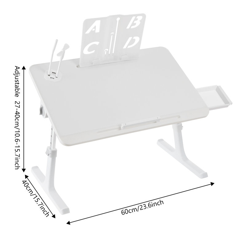 Foldable Rectangular Bed Laptop Tray Adjustable Height, White