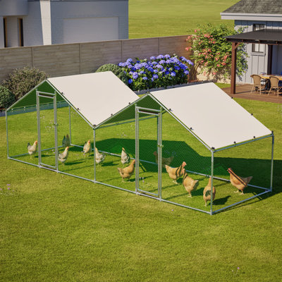 Walk-In Chicken Coop, Double Peak Metal Poultry Cage with Weatherproof Roof, Small Hex Mesh & Reinforced Wire, Dual-Zone Design for Backyard