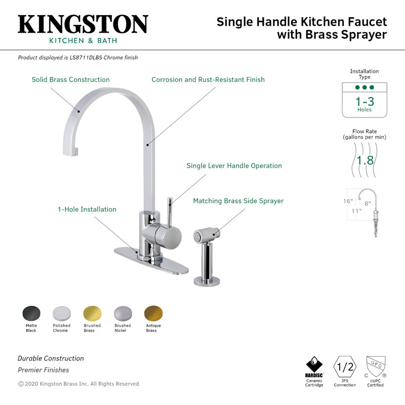 Kingston Brass Concord Single-Handle Deck Mount Kitchen Faucet with Brass Sprayer and Deck Plate, Polished Chrome