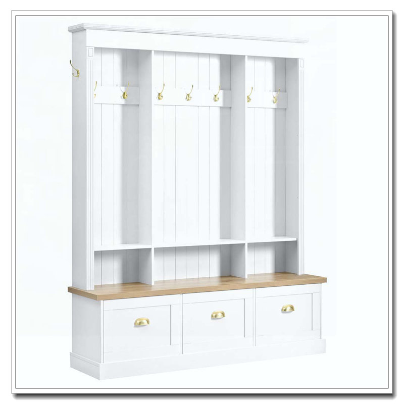 Elegant APP Controlled LED Light Hall Tree with 9 Hooks, Roman Column Design Natural Storage Bench with 3 Large Cabinets