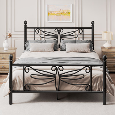 Queen Elegant Metal Platform Bed with Dragonfly Headboard and Footboard, Sturdy and Stable Structure & Under-bed Storage, Easy Assembly, Black