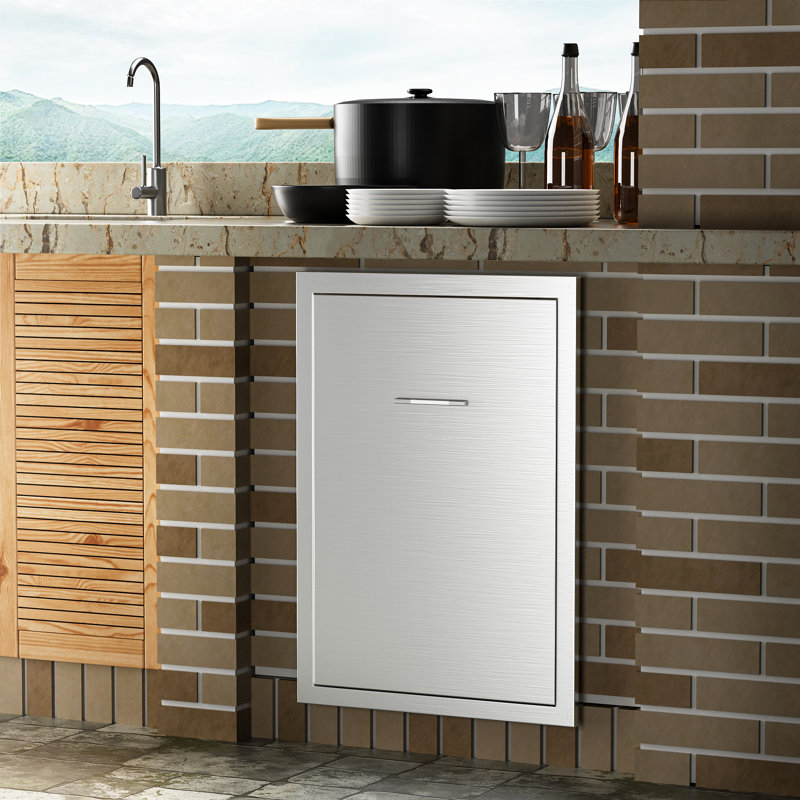 Tiroir à poubelle coulissant pour cuisine extérieure, dimensions hors tout : 50 cm (L) x 74 cm (H) x 40 cm (P), acier inoxydable 304, meuble de rangement intégré pour poubelle, idéal pour un îlot de barbecue ou une cuisine extérieure.