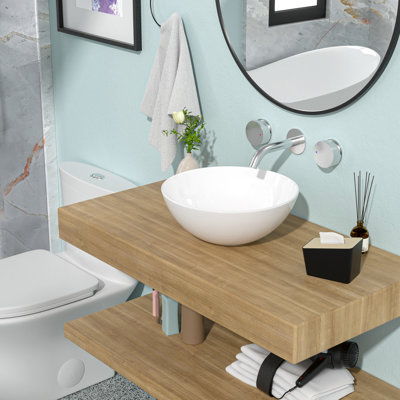 White Ceramic Bathroom Sink Vessel, 16"x16". Stylish Contemporary Design. Ceramic, Reduced Water Absorption. Stain- Surface. 7.5" Tall. Countertop Mount. 1 3/4" Center Drain 16"x16" Vessel In