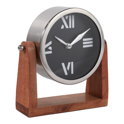 Modern Pivoting Round Metal Clock For Tabletop & Home Decor - Decorative Accent For Office, Mantel, Or Entryway Styling - Black & Brown