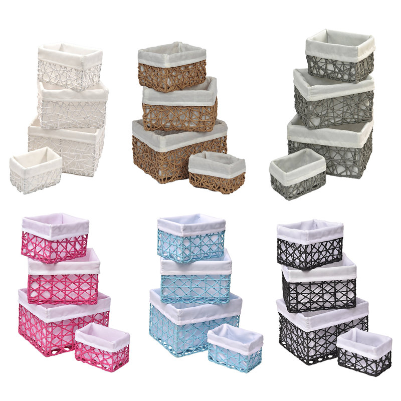 Beige Paper Rope Storage Baskets with White Liners, Set of 4