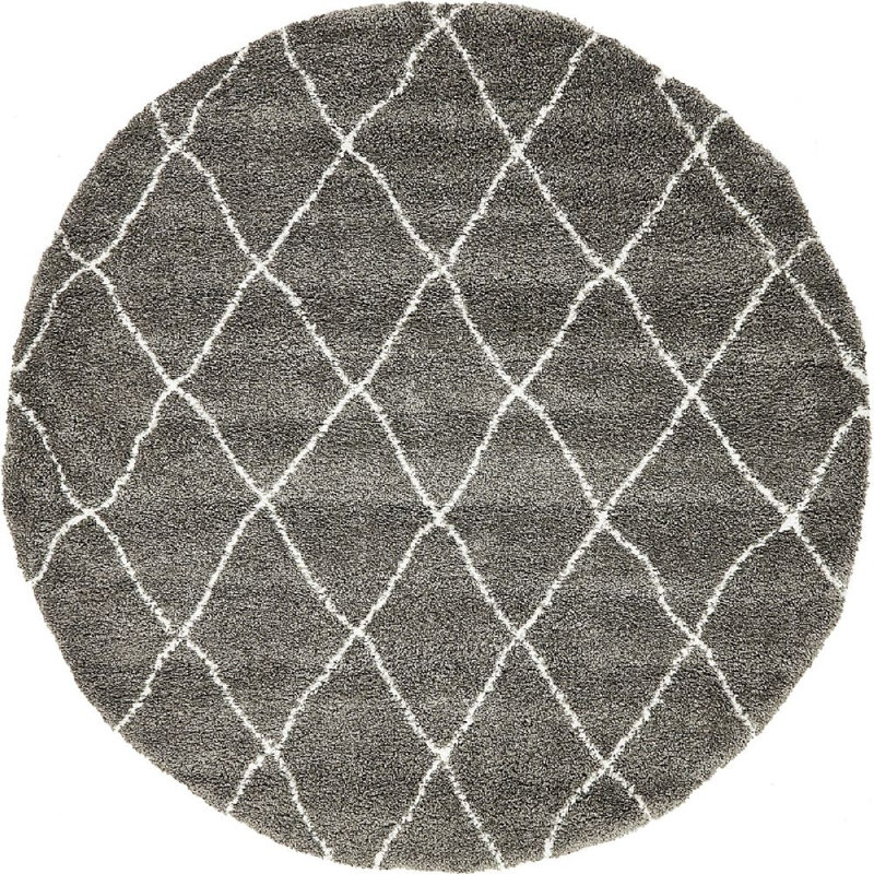 Tapis à poils longs couleur cendré Walshville, Rond 5 pi
