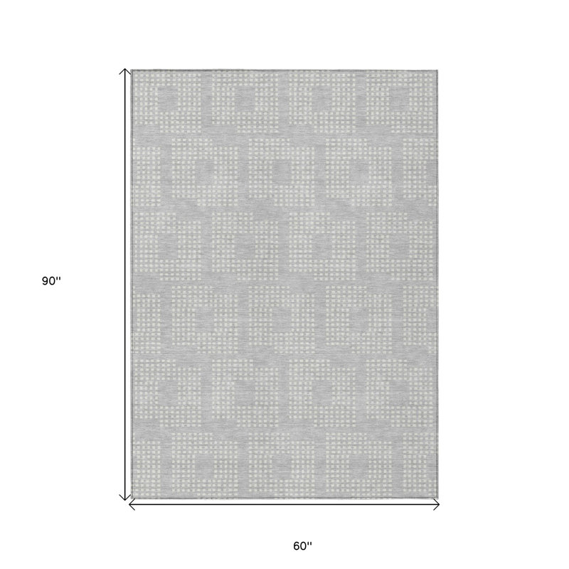 Tapis intérieur / extérieur géométrique lavable argenté et ivoire 5 pi x 8 pi