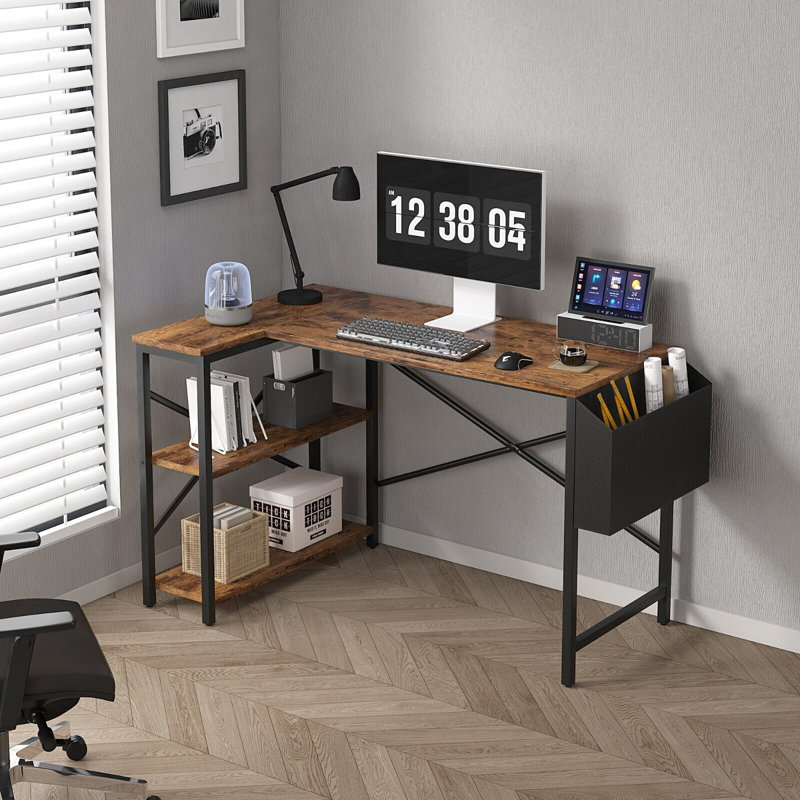 Abiegail L-Shaped Computer Desk, 74" H x 120" W x 75" D, Brown
